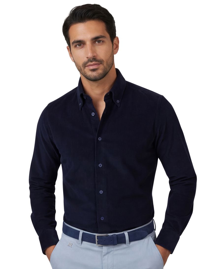 Ledub overhemd donkerblauw button-down Slim Fit