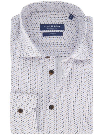 Ledub Ledub overhemd wit geprint stretch bruine knoop