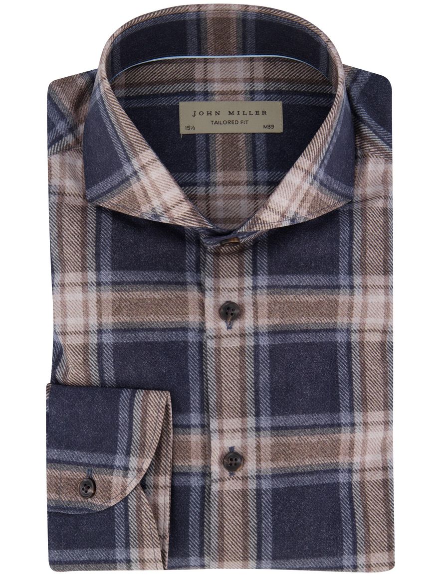 John Miller Tailored fit overhemd navy geruit cutaway