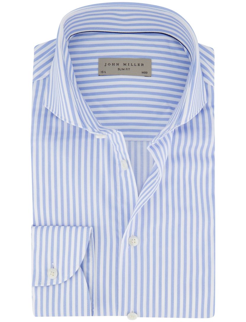 John Miller overhemd slim fit gestreept blauw wit cutaway