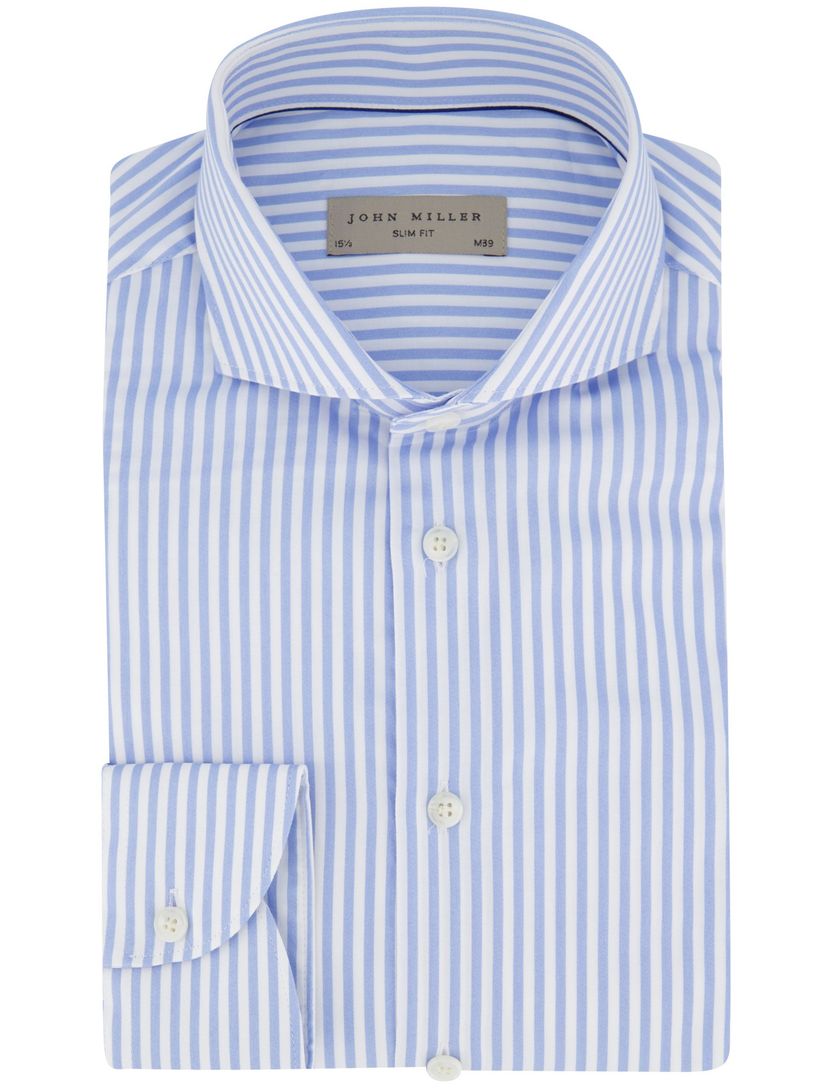 John Miller overhemd slim fit gestreept blauw wit cutaway