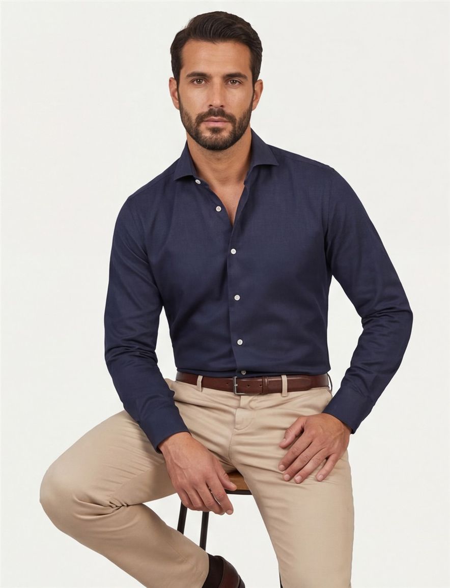 John Miller overhemd donkerblauw wide spread lange mouw