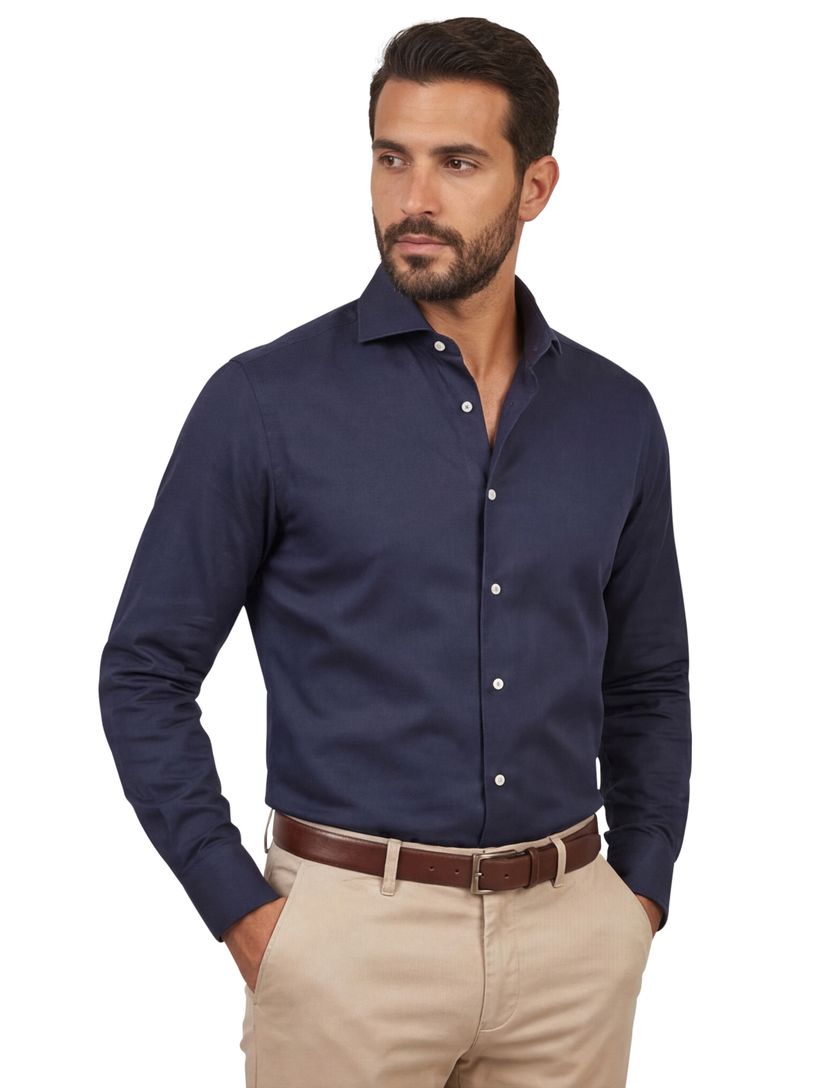 John Miller overhemd donkerblauw lange mouw wide spread