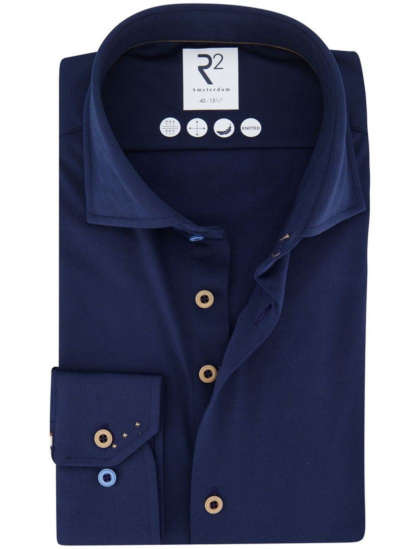 R2 overhemd donkerblauw lange mouw wide collar