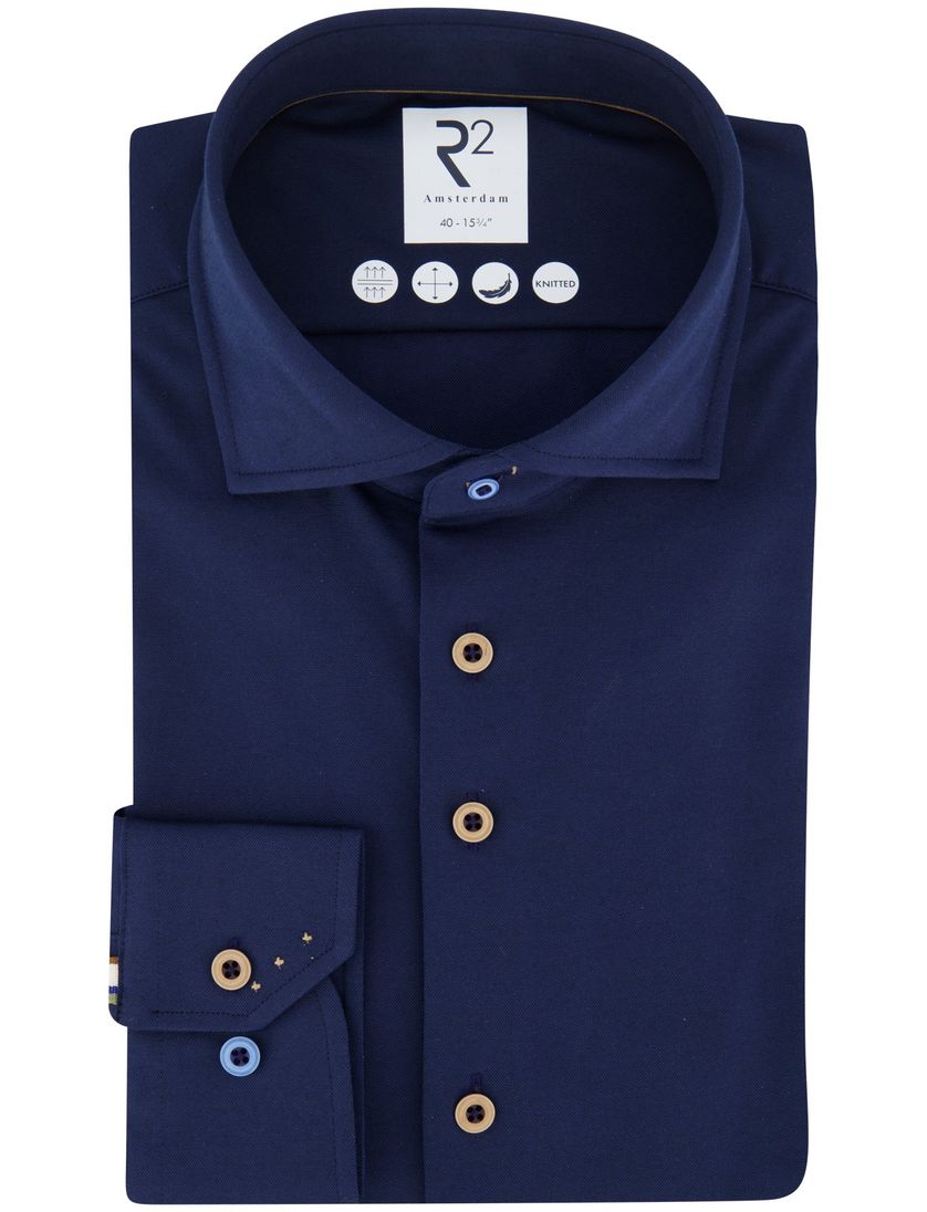 R2 overhemd donkerblauw lange mouw wide collar