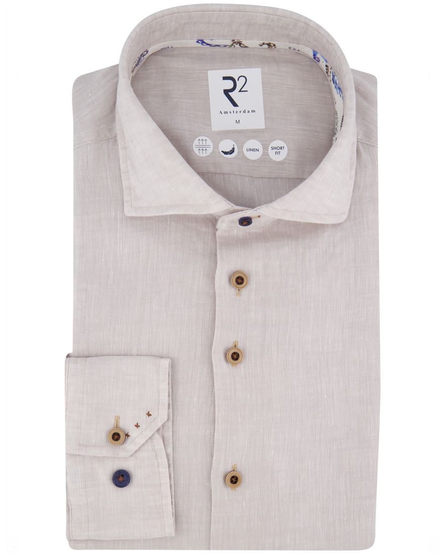 R2 Amsterdam overhemd beige lange mouw short fit