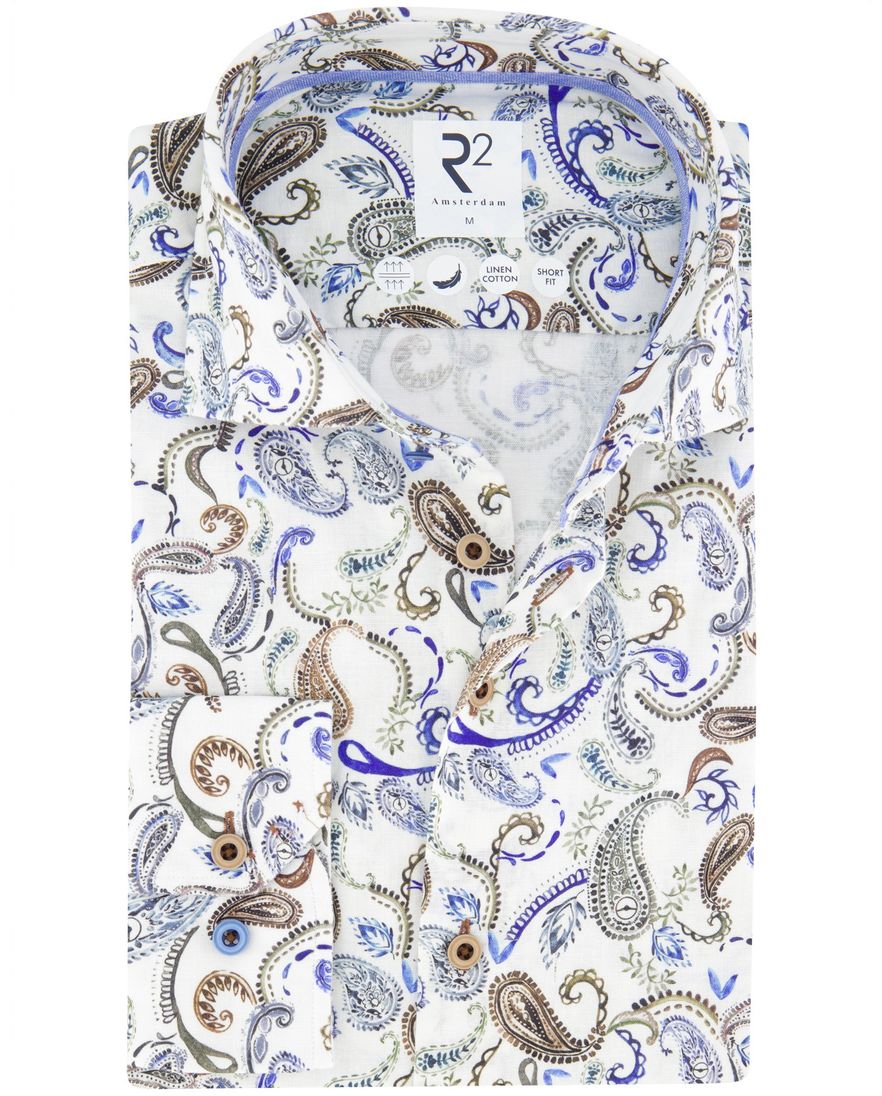 R2 Amsterdam overhemd wit geprint lange mouw short fit