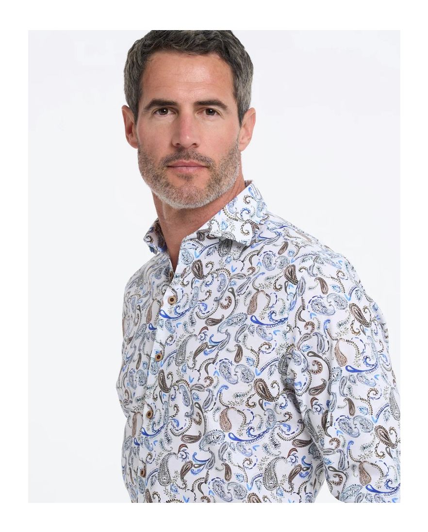 R2 Amsterdam overhemd wit geprint lange mouw short fit