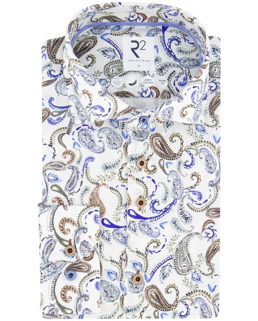 R2 Amsterdam overhemd wit geprint lange mouw short fit