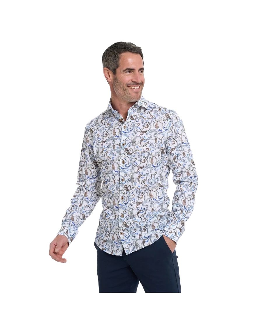 R2 Amsterdam overhemd wit geprint lange mouw short fit