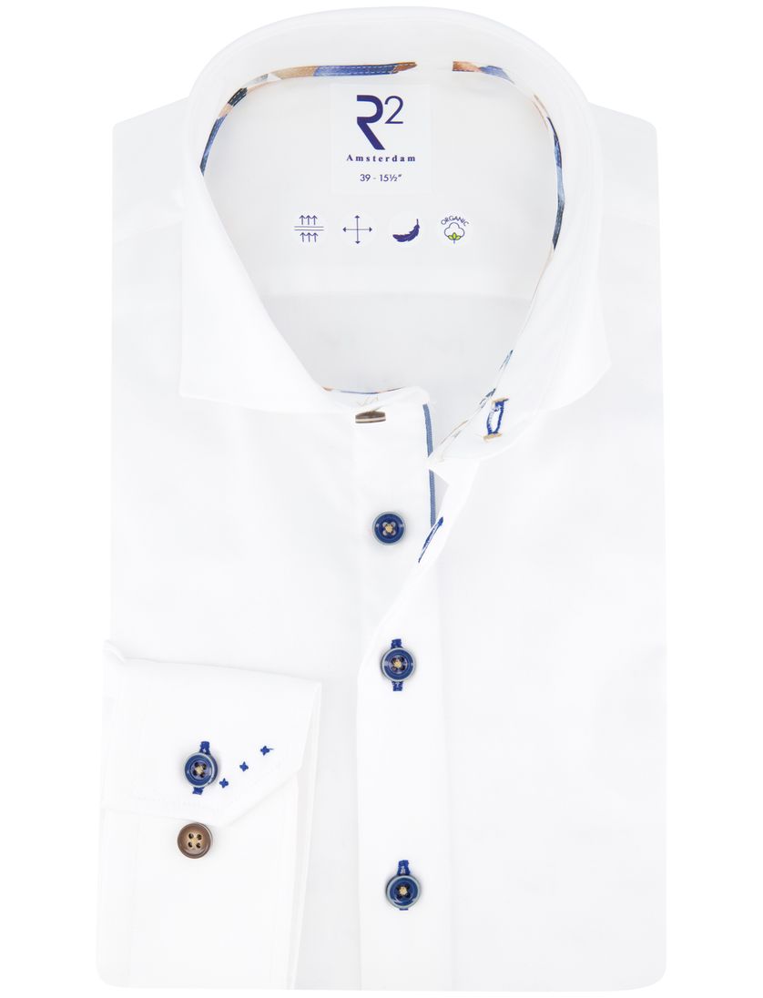 R2 overhemd effen wit met blauwe knopen katoen