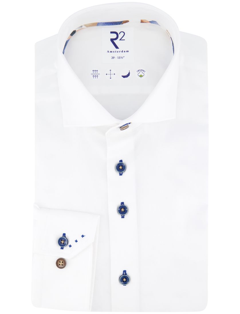 R2 overhemd effen wit met blauwe knopen katoen