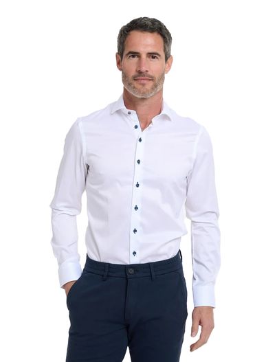 R2 R2 overhemd spierwit met blauwe knopen effen katoen