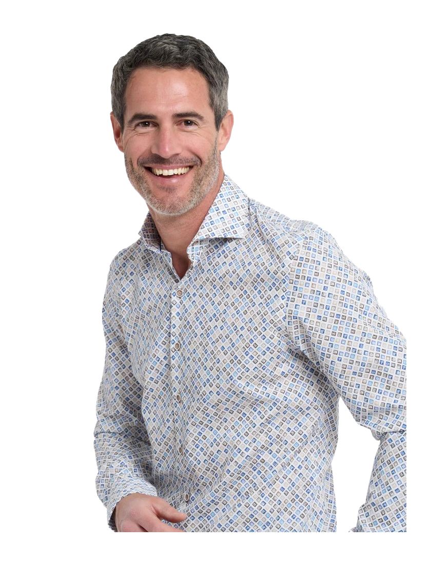 R2 overhemd wit blauw bruin autolampjes geprint katoen