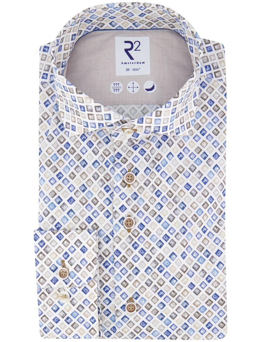 R2 overhemd wit blauw bruin autolampjes geprint katoen