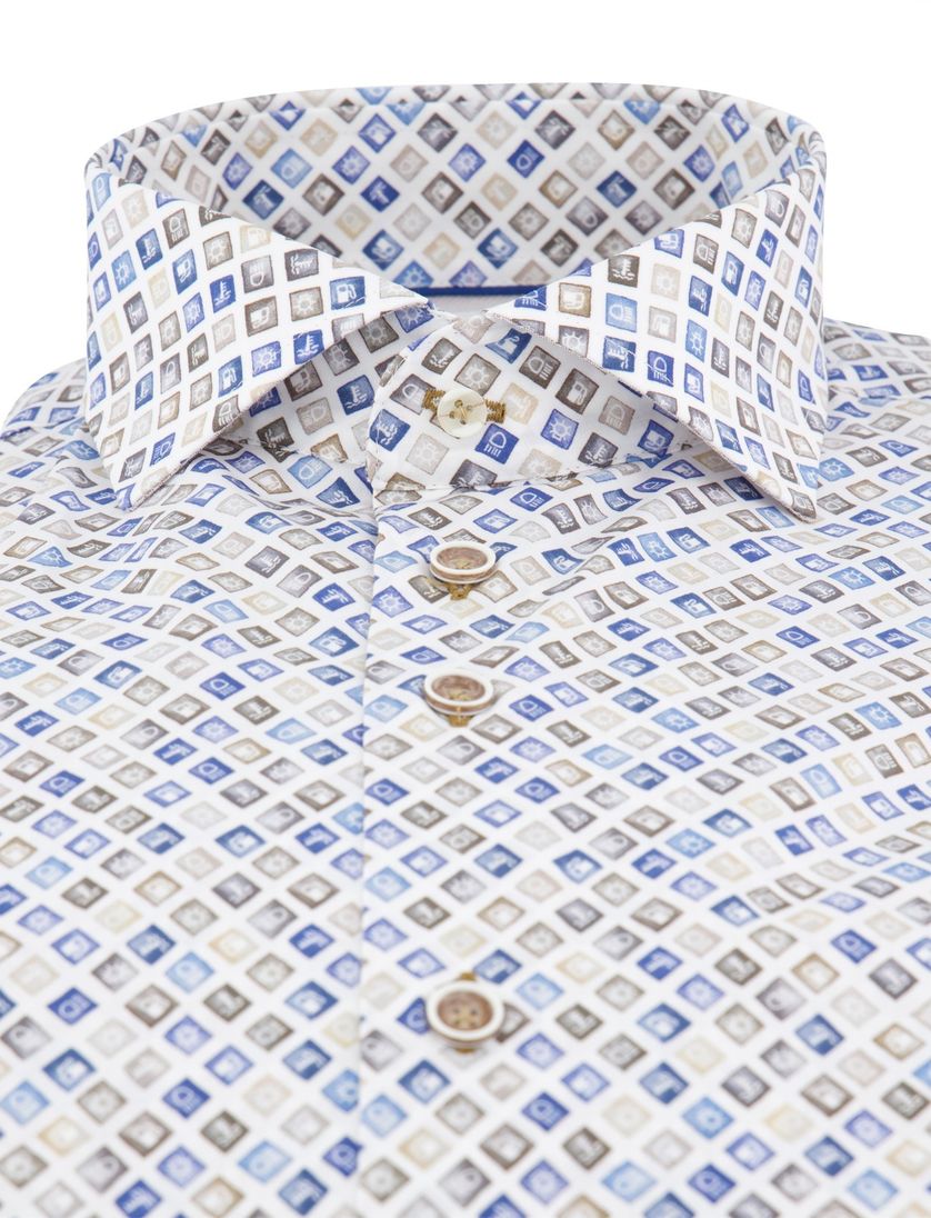 R2 overhemd wit blauw bruin autolampjes geprint katoen
