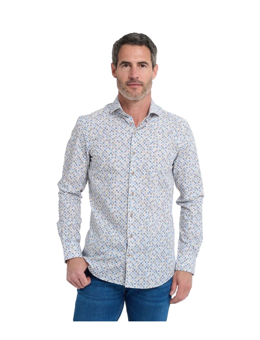 R2 overhemd wit blauw bruin autolampjes geprint katoen