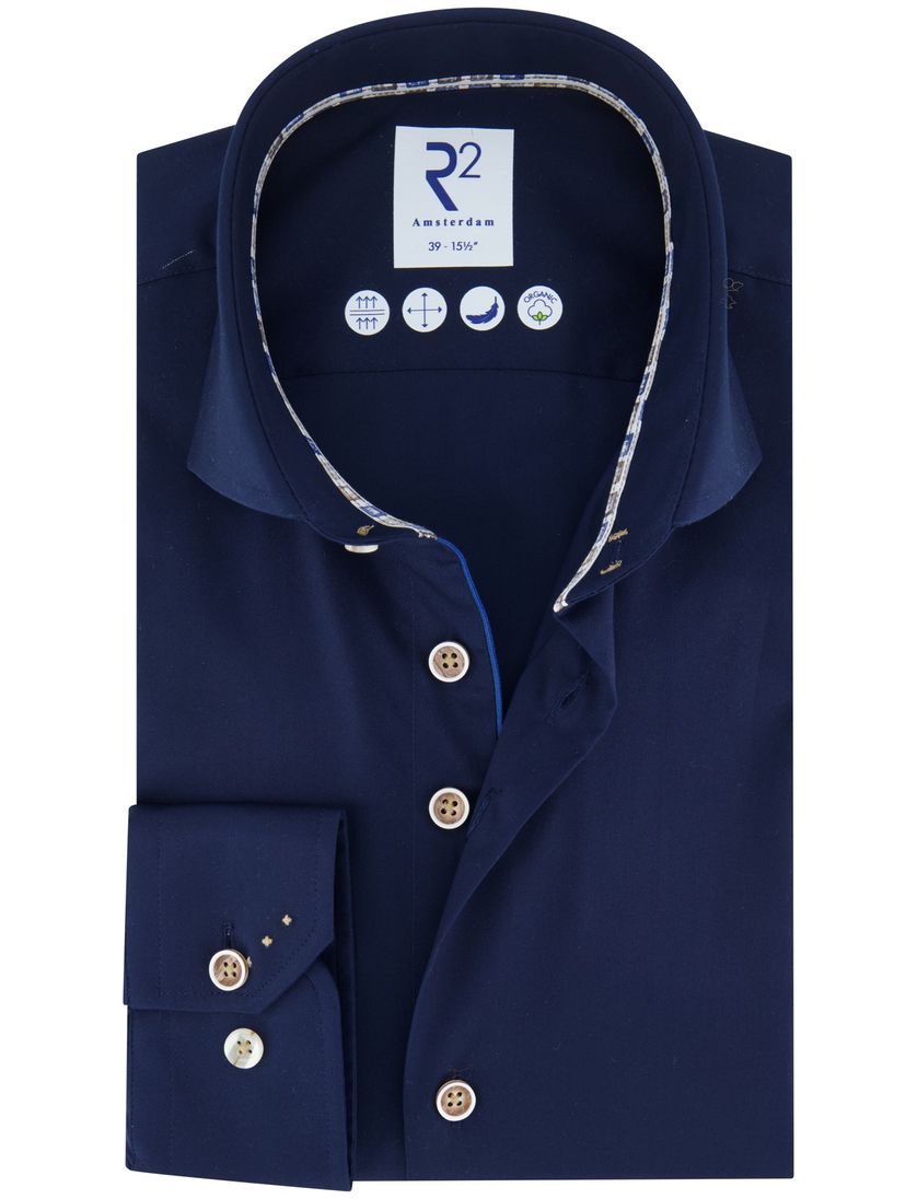 R2 overhemd donkerblauw effen katoen wide spread