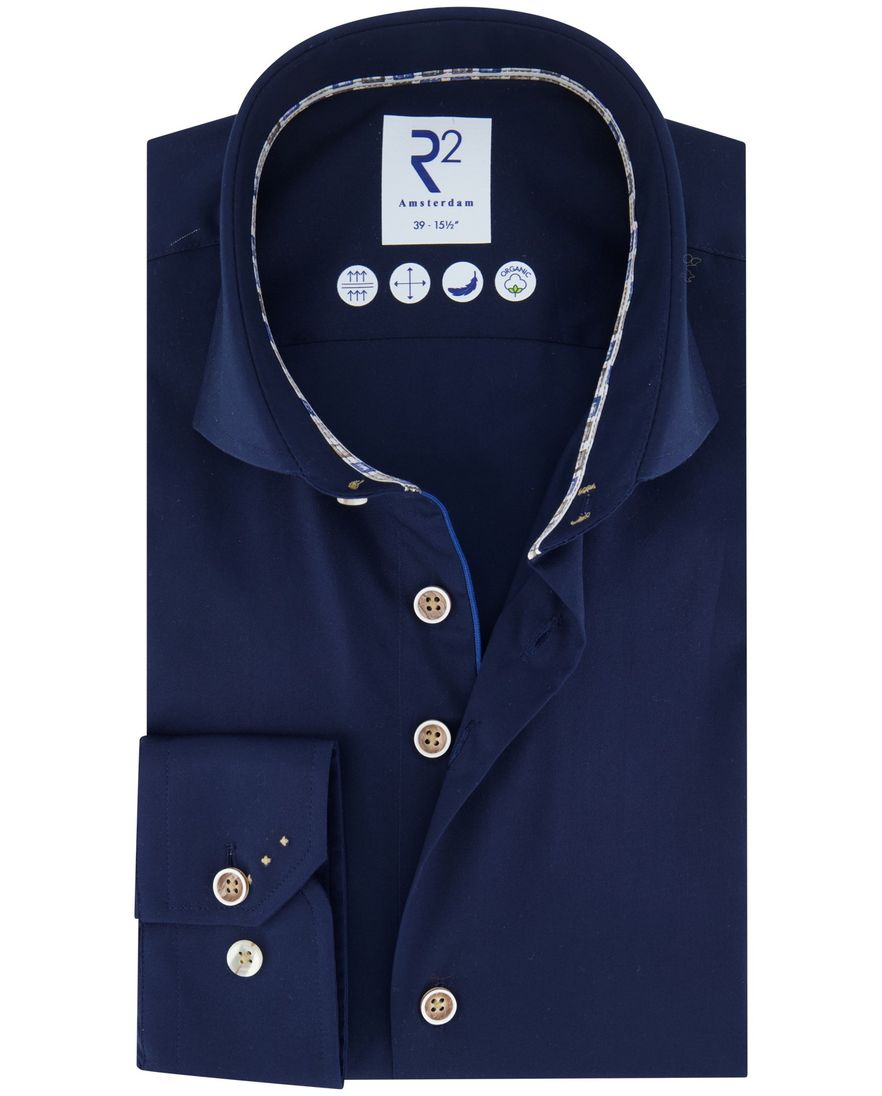 R2 overhemd donkerblauw katoen wide spread effen