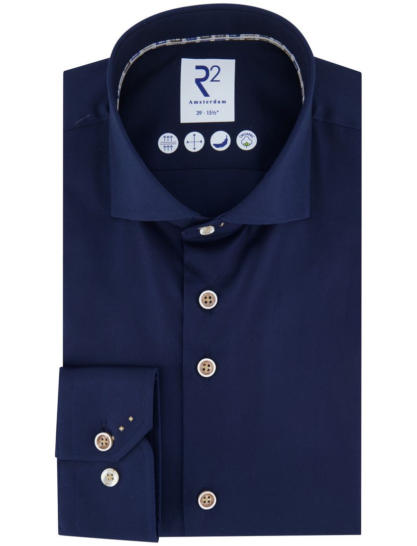 R2 overhemd donkerblauw effen katoen wide spread