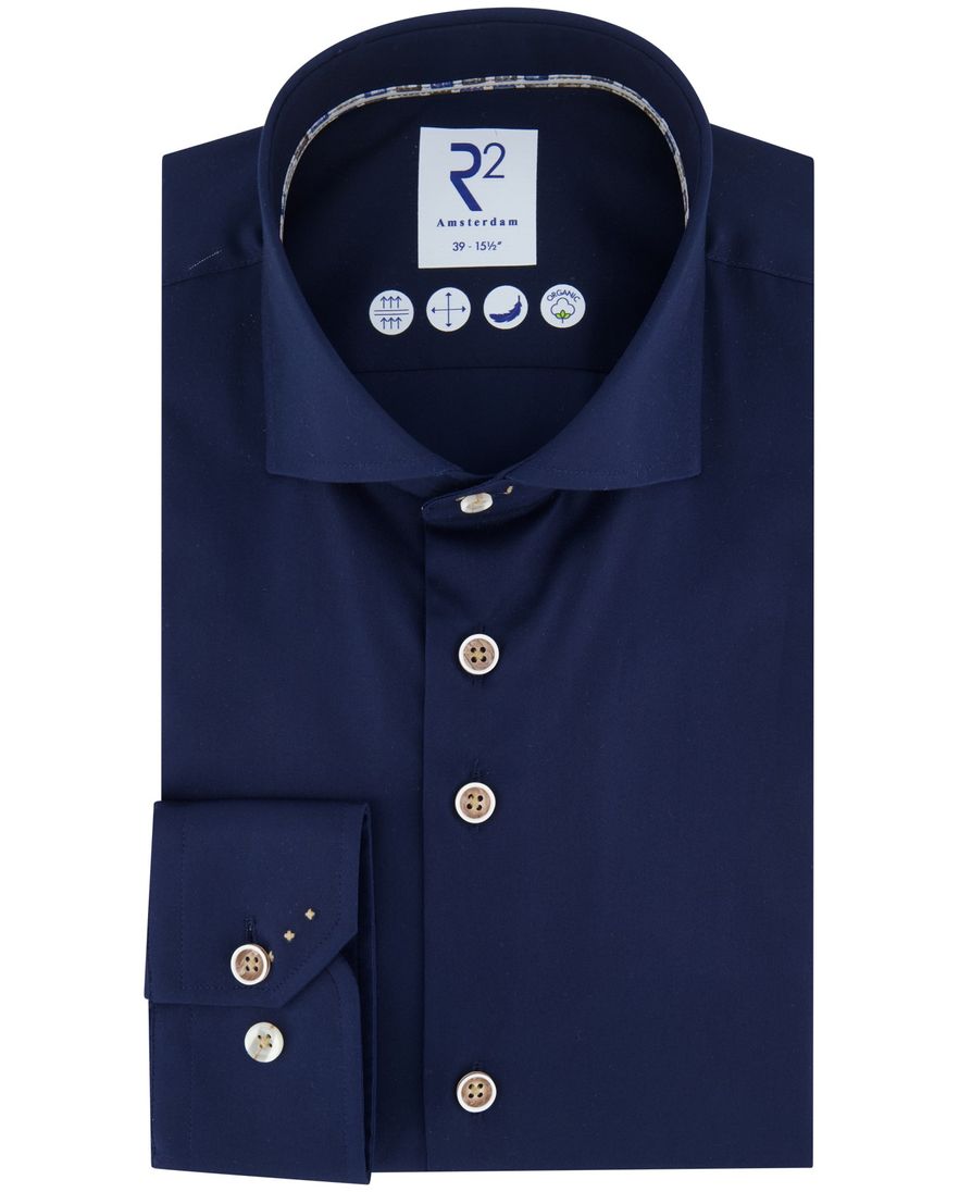 R2 overhemd donkerblauw katoen wide spread effen