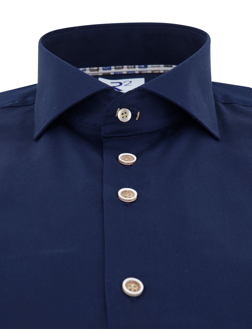R2 overhemd donkerblauw effen katoen wide spread