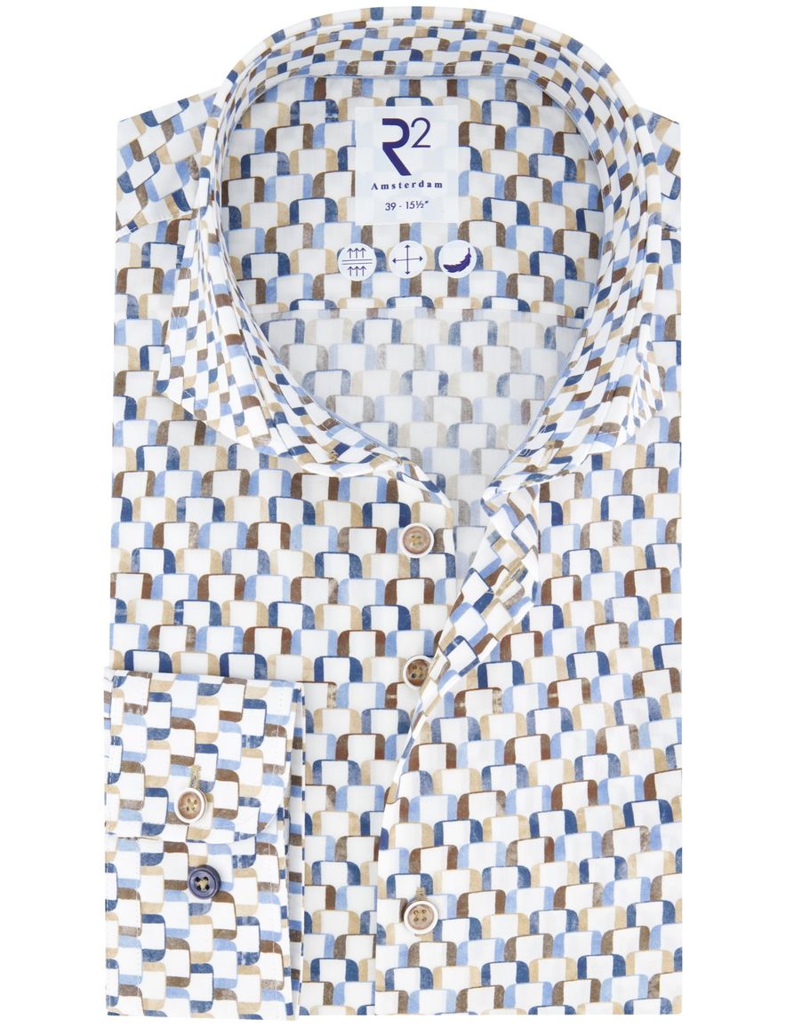 R2 overhemd wit blauw bruin geprint wide spread katoen