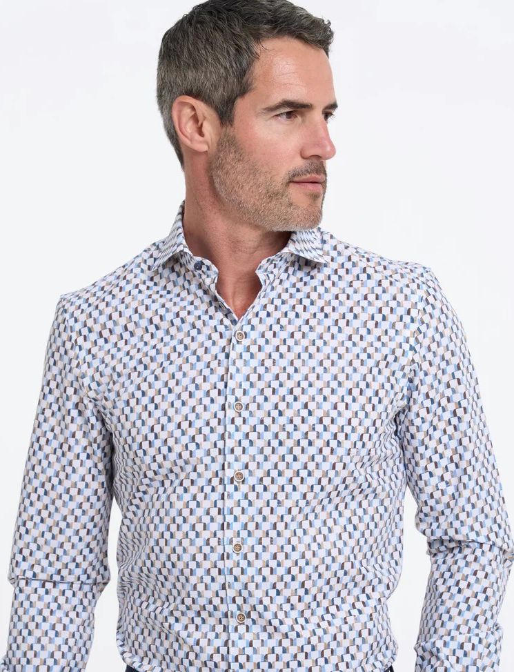 R2 overhemd wit blauw bruin geprint wide spread katoen