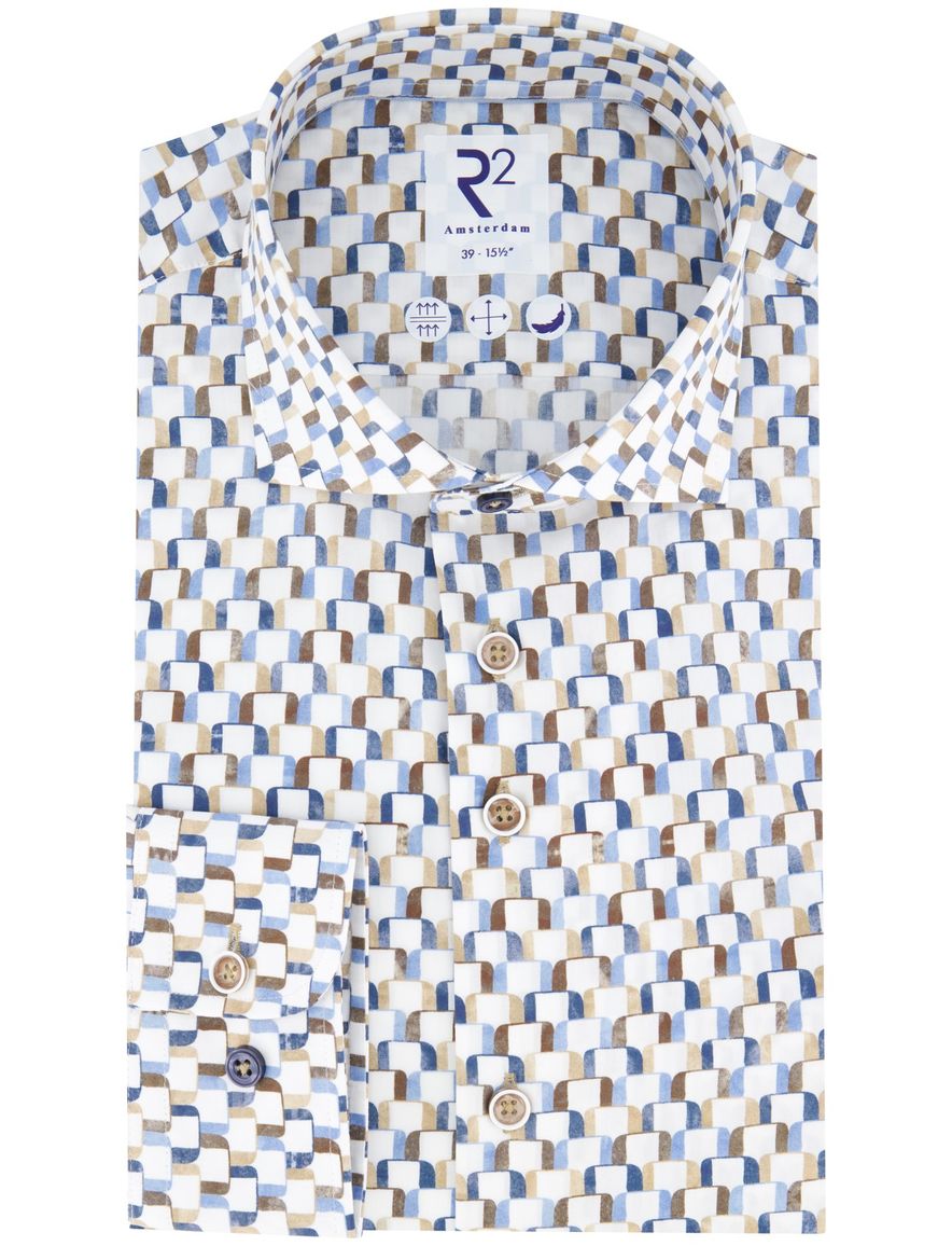 R2 overhemd wit blauw bruin geprint wide spread katoen