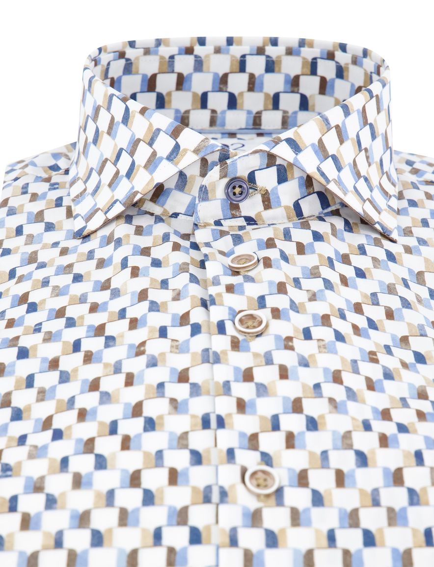R2 overhemd wit blauw bruin geprint wide spread katoen