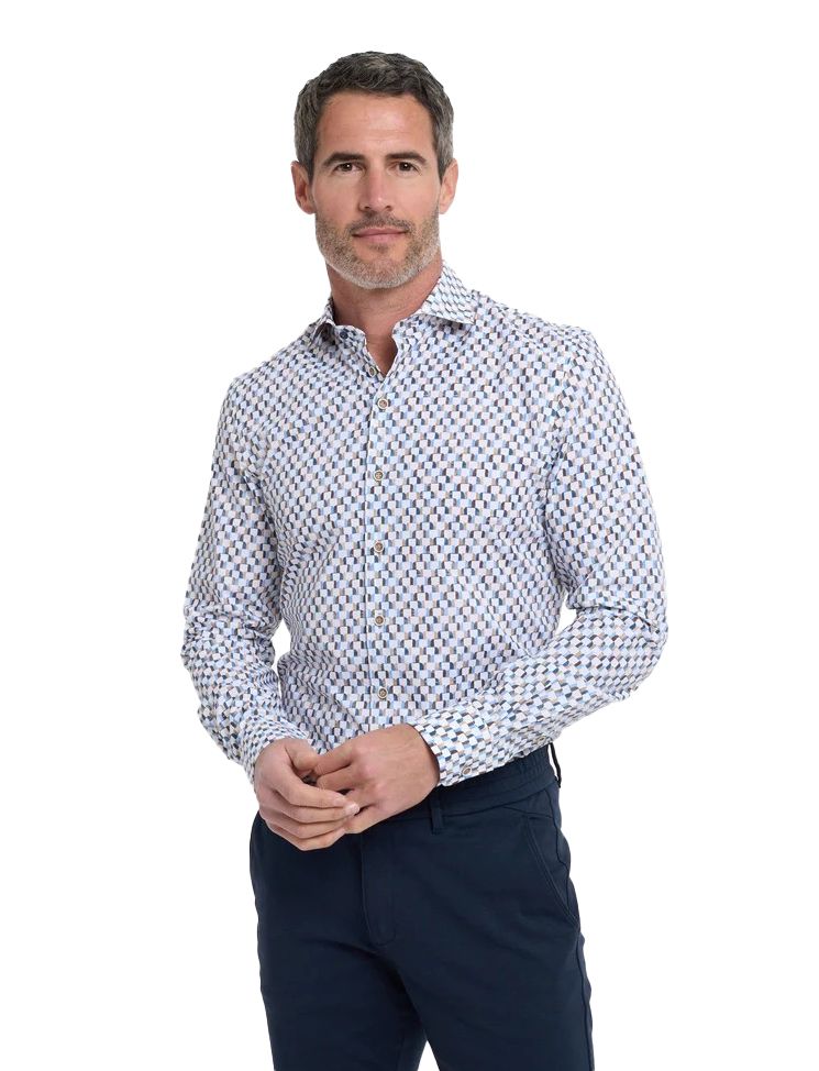 R2 overhemd wit blauw bruin geprint wide spread katoen