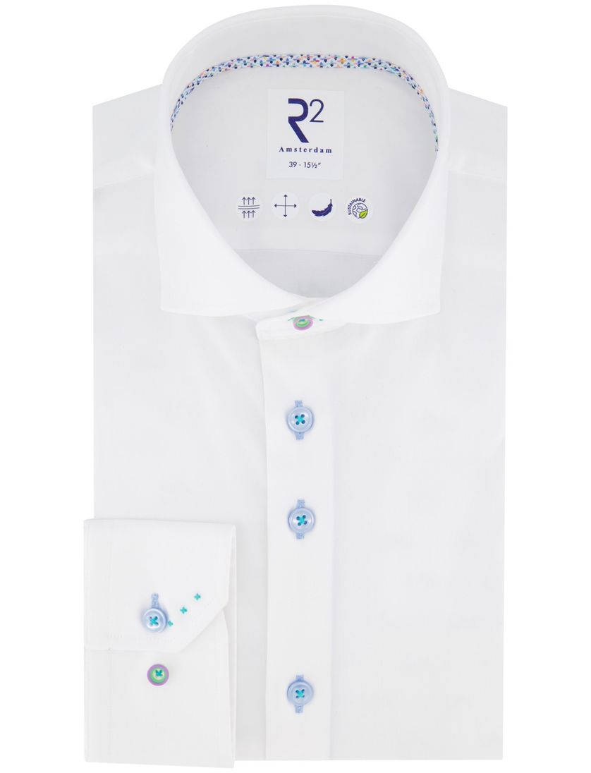 katoenen R2 lange mouw overhemd wit effen normale fit