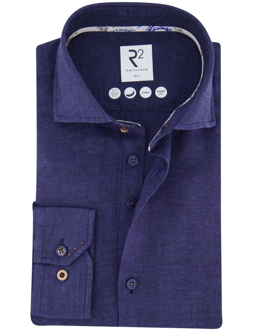 R2 Short Fit overhemd mouwlengte 7 donkerblauw linnen