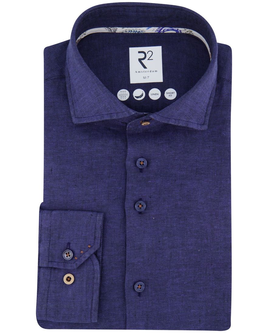 R2 overhemd short fit mouwlengte 7 donkerblauw linnen