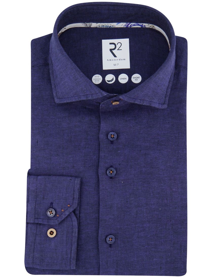 R2 Short Fit overhemd mouwlengte 7 donkerblauw linnen