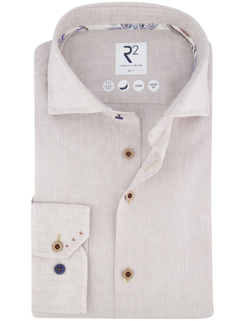 R2 overhemd mouwlengte 7 beige linnen Short Fit
