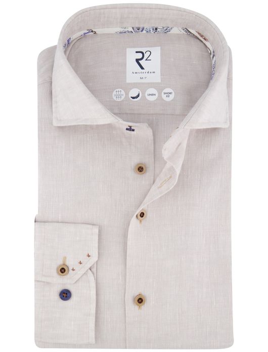 R2 overhemd mouwlengte 7 beige Short Fit linnen