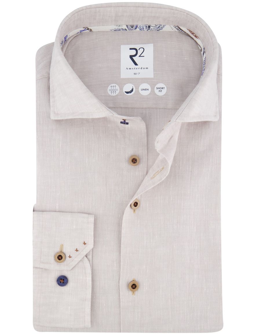 R2 overhemd mouwlengte 7 beige Short Fit linnen