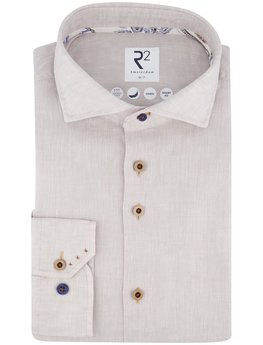 R2 overhemd mouwlengte 7 beige linnen Short Fit