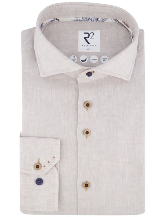 R2 overhemd mouwlengte 7 beige Short Fit linnen