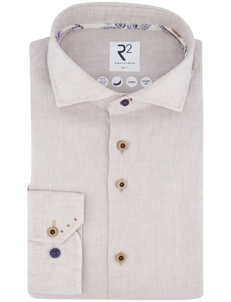 R2 overhemd mouwlengte 7 beige Short Fit linnen