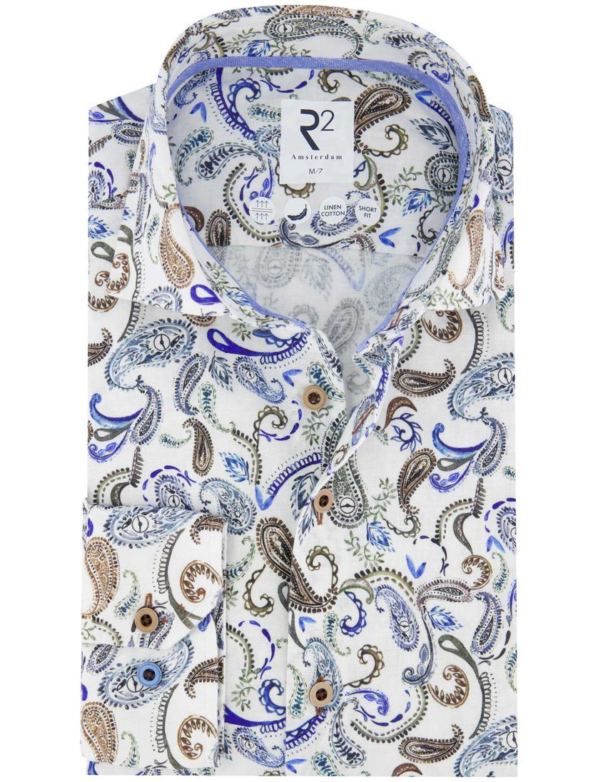 R2 overhemd mouwlengte 7 wit blauw geprint linnen en katoen