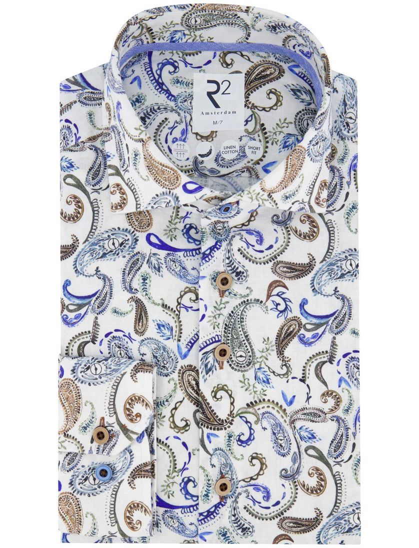 R2 overhemd mouwlengte 7 wit blauw geprint linnen en katoen