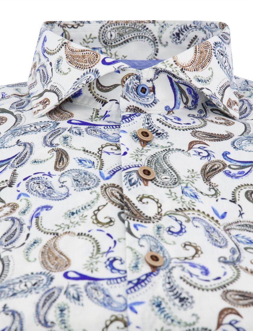 R2 overhemd mouwlengte 7 wit blauw geprint linnen en katoen