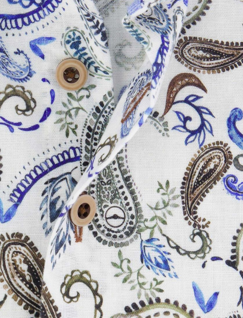 R2 overhemd mouwlengte 7 wit blauw geprint linnen en katoen