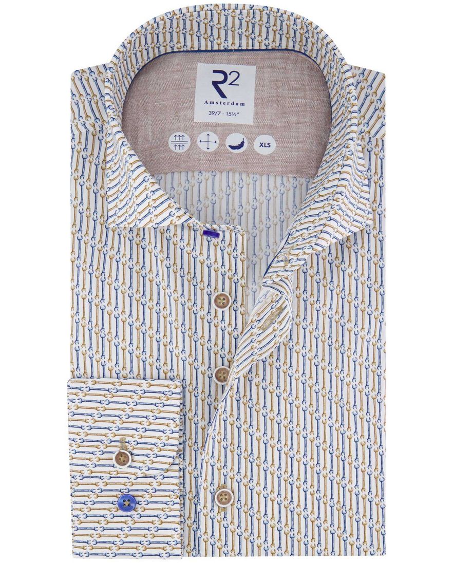 R2 overhemd mouwlengte 7 beige geprint normale fit
