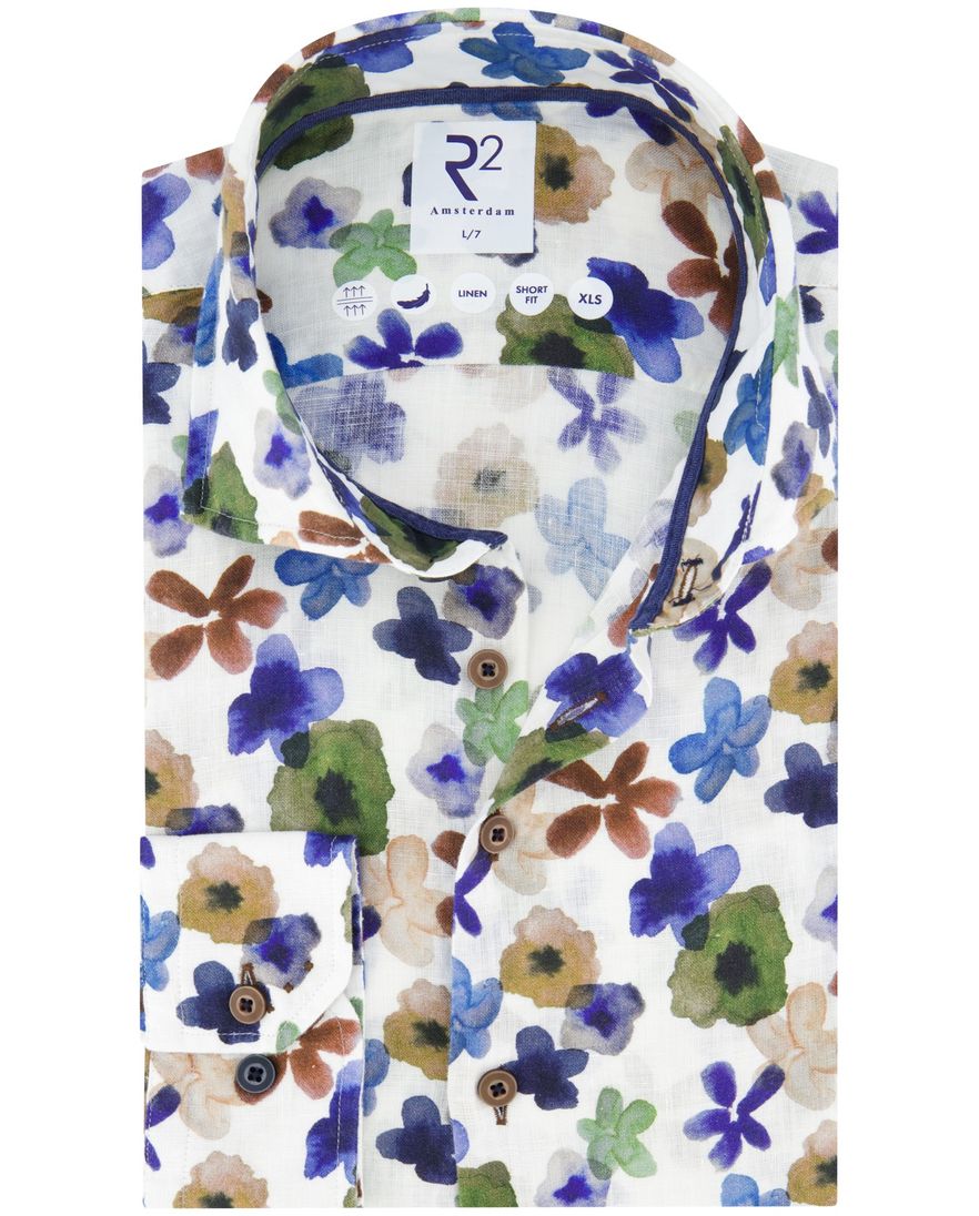 R2 overhemd blauw geprint wide spread boord