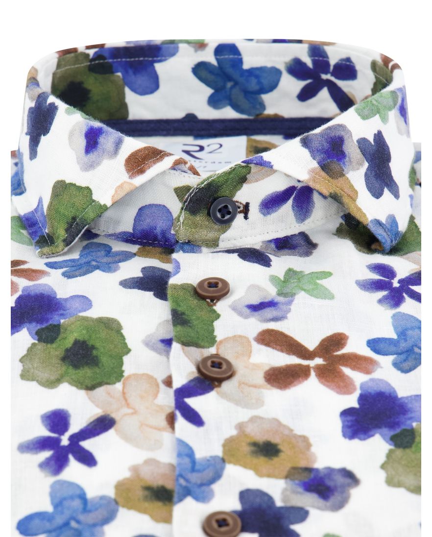 R2 overhemd blauw geprint wide spread boord
