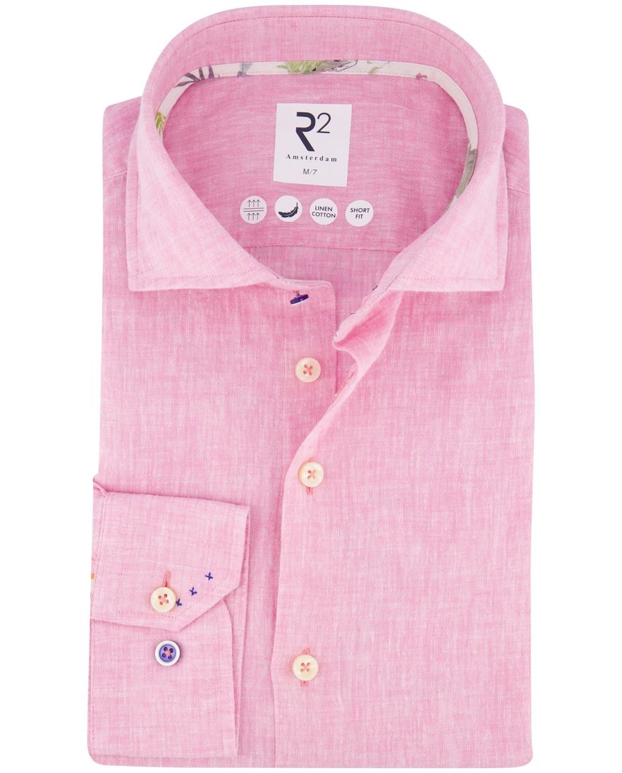 R2 Short Fit overhemd mouwlengte 7 roze linnen