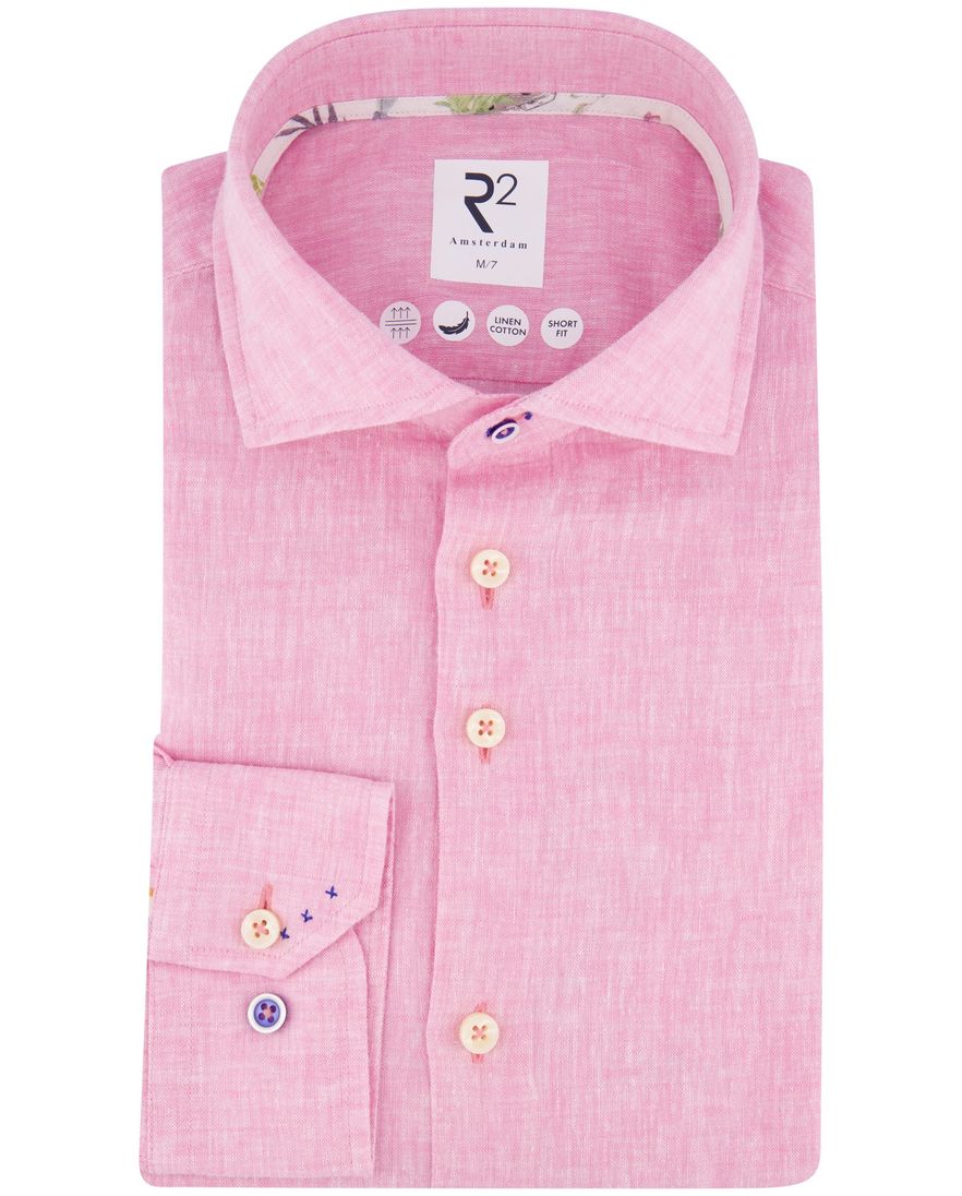 R2 Short Fit overhemd mouwlengte 7 roze linnen